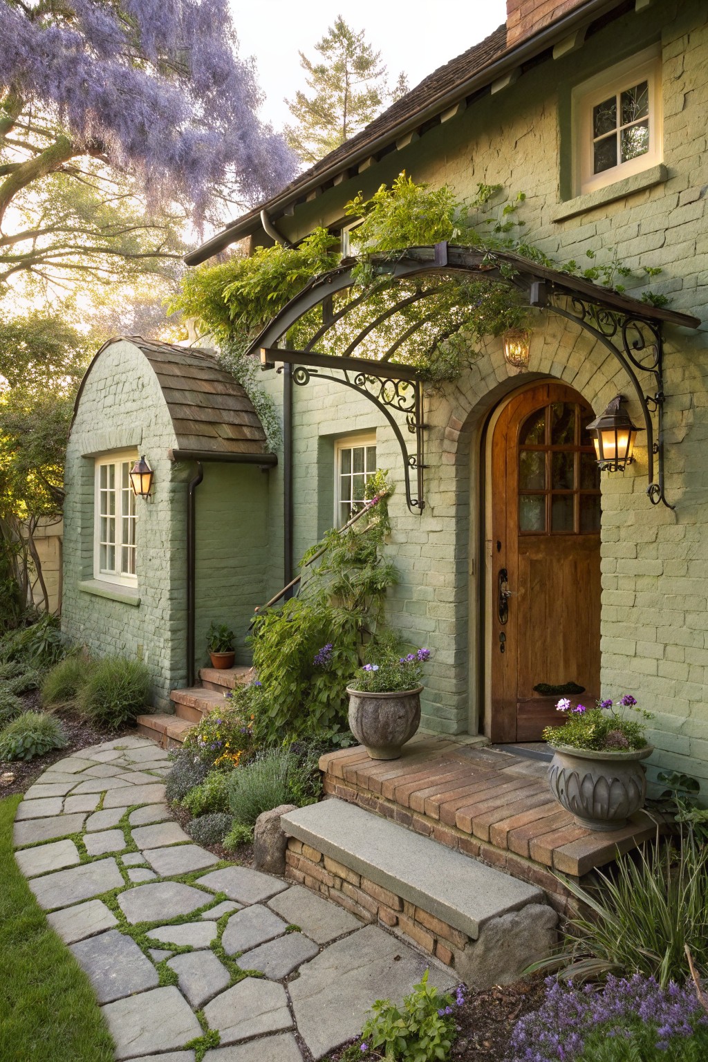 Green painted brick house exterior with an arched wooden entry door framed by wrought iron archway and lanterns, climbing vines, potted plants on brick steps, and a flagstone pathway bordered by low plants.