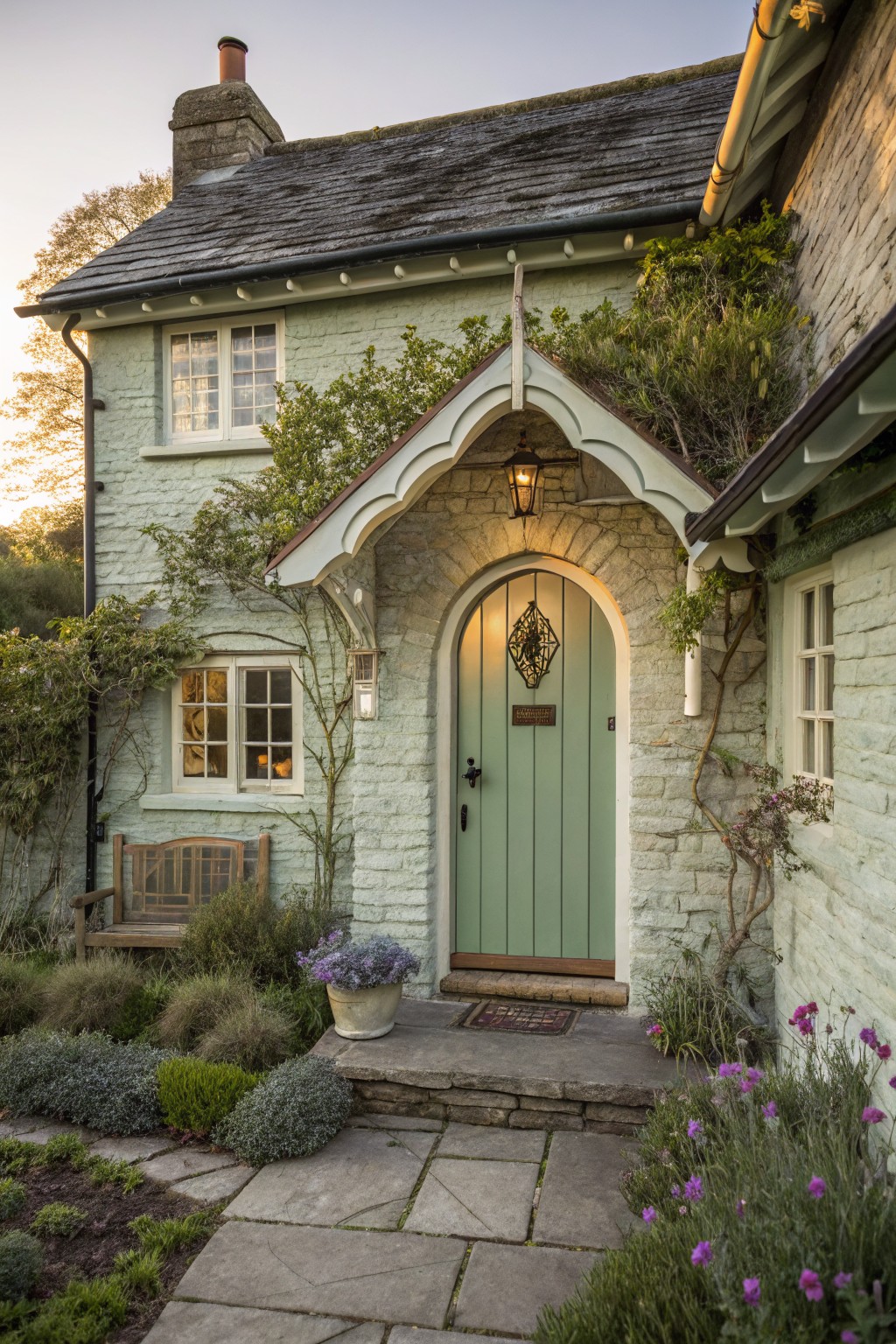 Pale painted brick house exterior with an arched porch sheltering a mint green paneled door, brass knocker, lantern light, climbing plants, wooden bench, potted plants, lavender flowers, and stone steps leading to the entry.