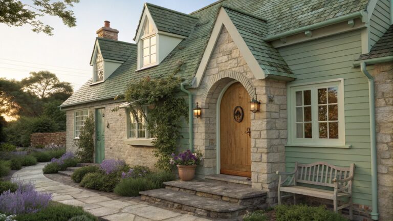 Pale painted brick house exterior with an arched porch sheltering a mint green paneled door, brass knocker, lantern light, climbing plants, wooden bench, potted plants, lavender flowers, and stone steps leading to the entry.