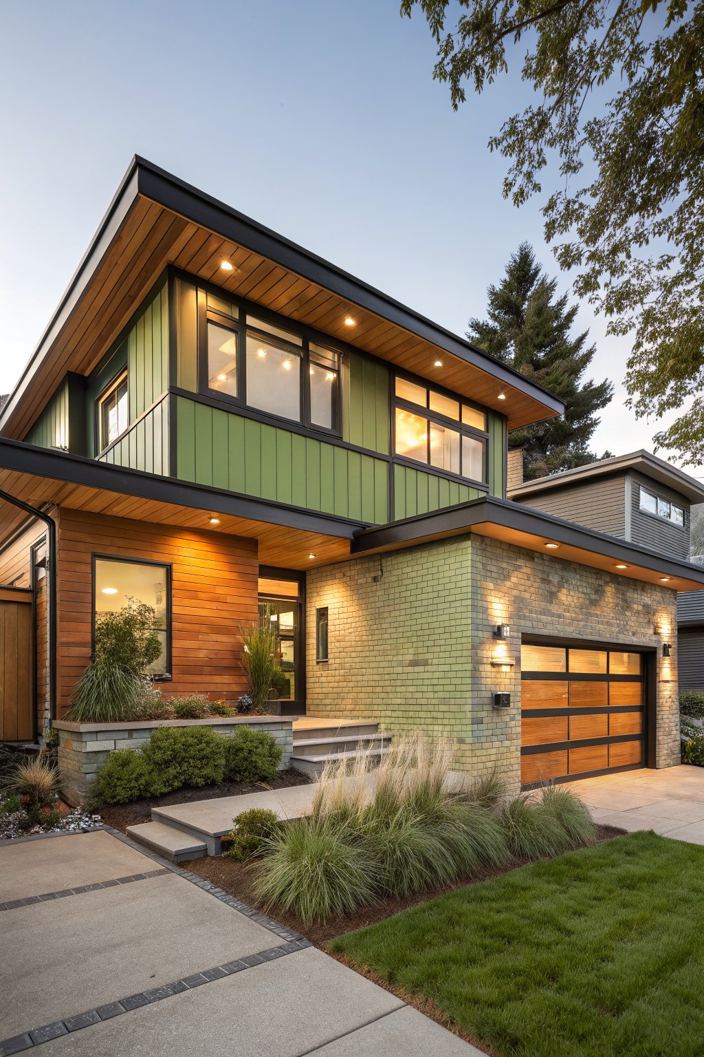 A two-story modern house exterior with green vertical siding on upper levels, light green brick accents at the base and garage, wood cladding details, large windows, a glass garage door, steps to the entry, and landscaped front yard with grasses and shrubs at evening light.