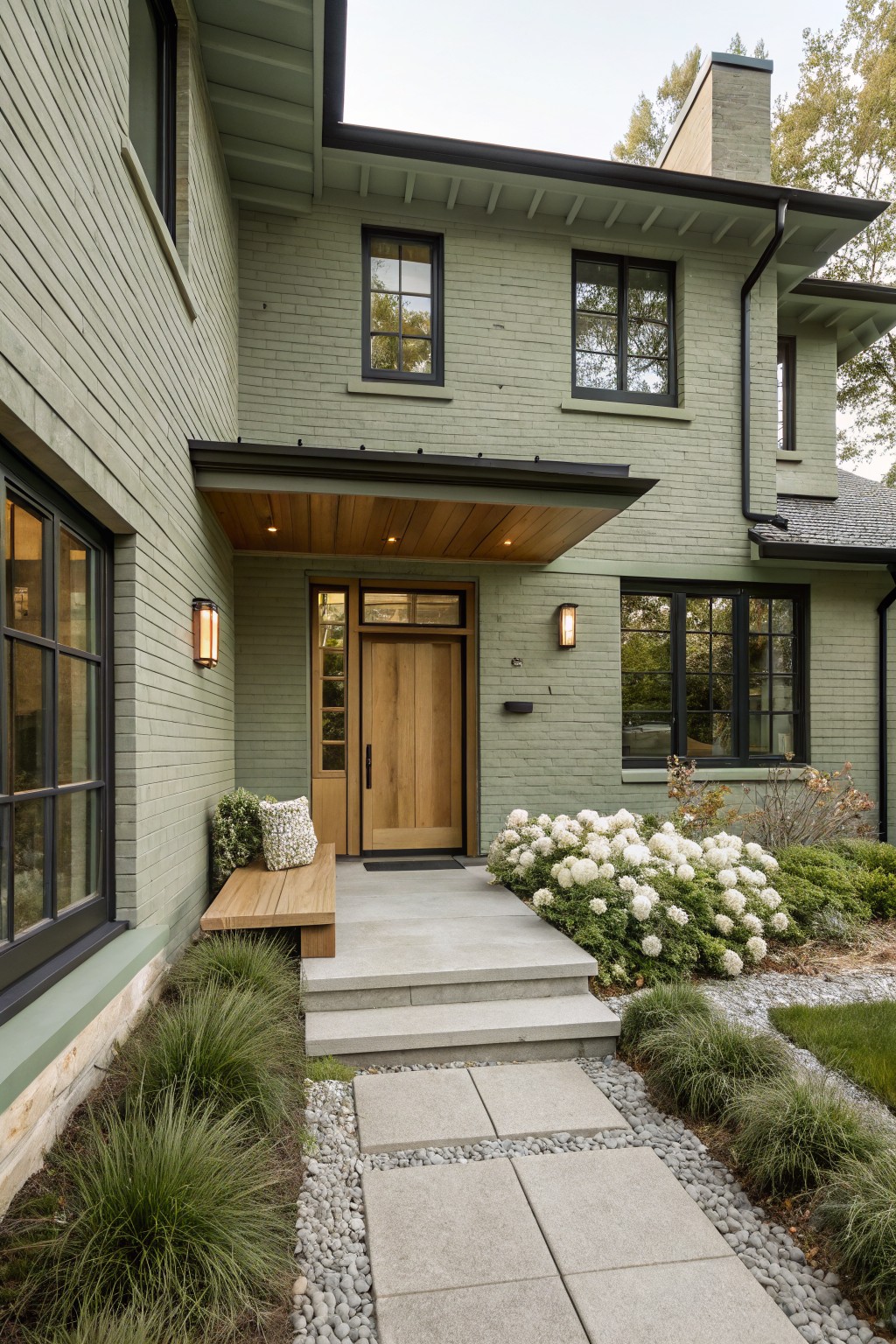 Front view of a light green painted brick house exterior with black-framed windows, a wooden front door under a cedar-lined overhang, a built-in bench, white-flowering shrubs, and a stone path with steps.