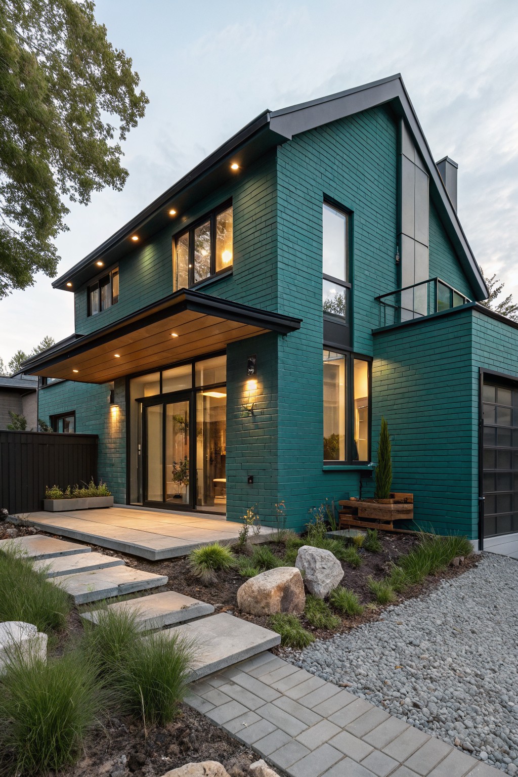 Teal green painted brick two-story house exterior at dusk featuring a cantilevered wooden entry canopy, large glass doors, lit windows, and gravel landscaping with stone steps.