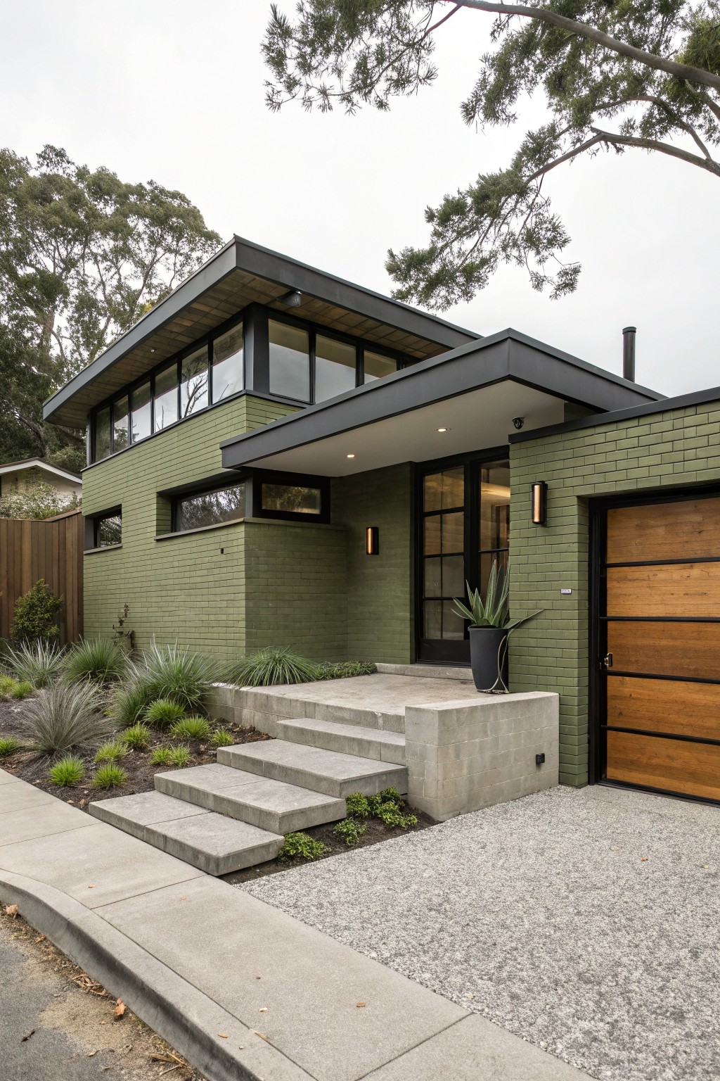 Two-story house exterior with green painted brick walls, cantilevered black roof overhang, large black-framed windows, wooden garage door, concrete entry steps, and low native plants along the front.