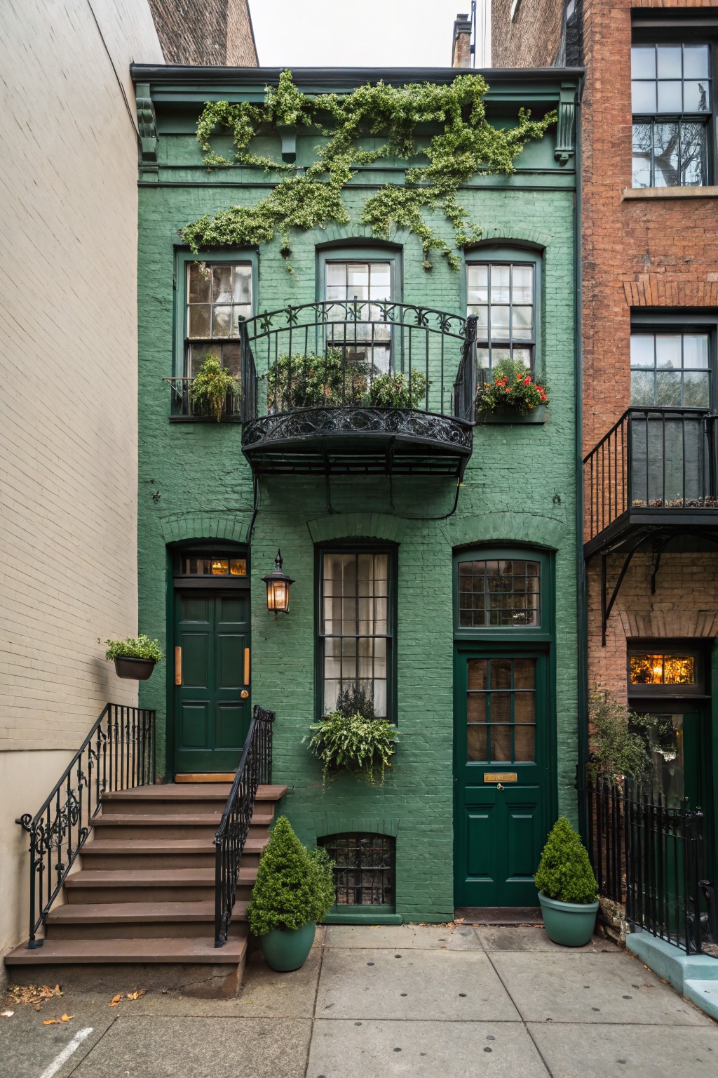 Narrow three-story green painted brick townhouse with ivy climbing the upper facade, black wrought iron balcony with plants, green double doors, potted greenery, flanked by beige and red brick neighbors on a city sidewalk.