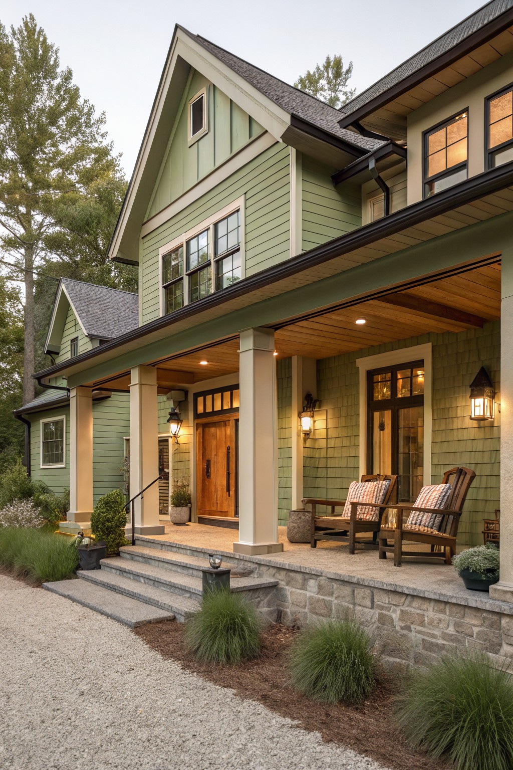 Green painted shingle siding house exterior featuring a deep covered porch with timber ceiling, wooden entry door, lanterns, Adirondack chairs, stone foundation wall, gravel driveway, and ornamental grasses.