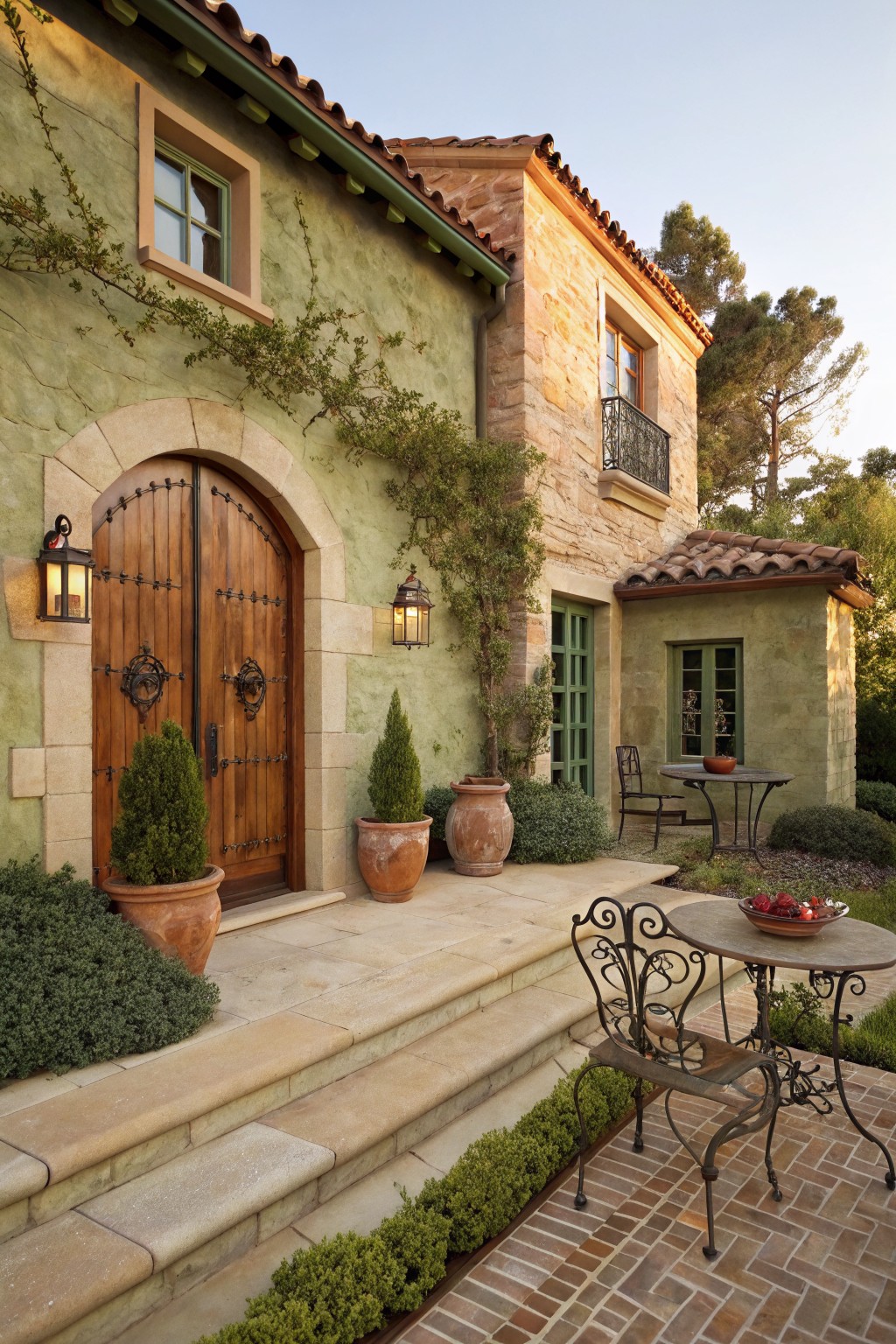 Green stucco house exterior featuring a large arched wooden door with iron hardware, flanked by lanterns and potted topiary plants, steps leading to a small wrought-iron patio table and chairs, climbing vines on walls, terracotta tile roof, and surrounding landscape.