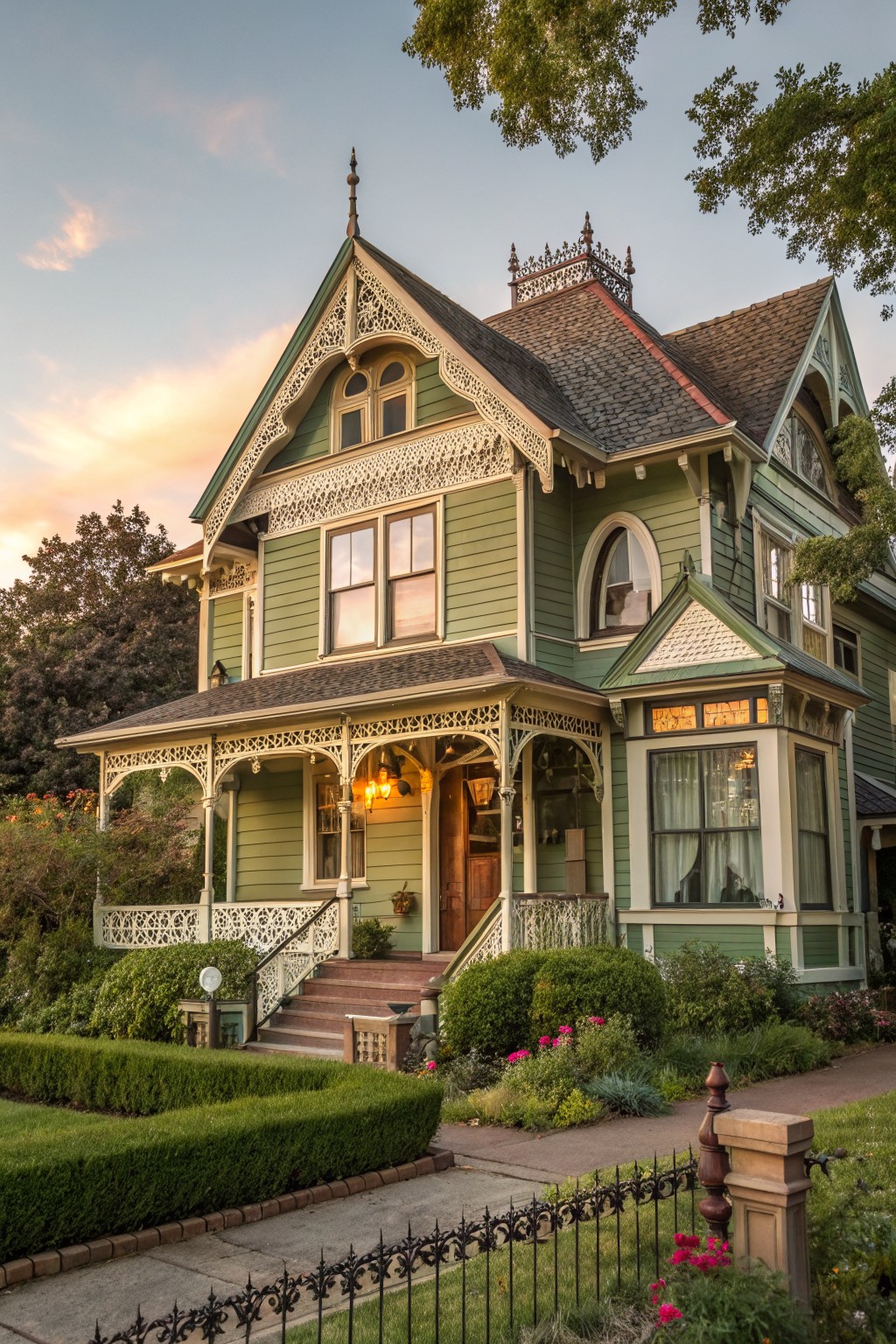 Green painted Victorian house with ornate white gingerbread trim on porch, gables, and roofline, front steps, hedges, flowers, and iron fence in front yard at sunset.