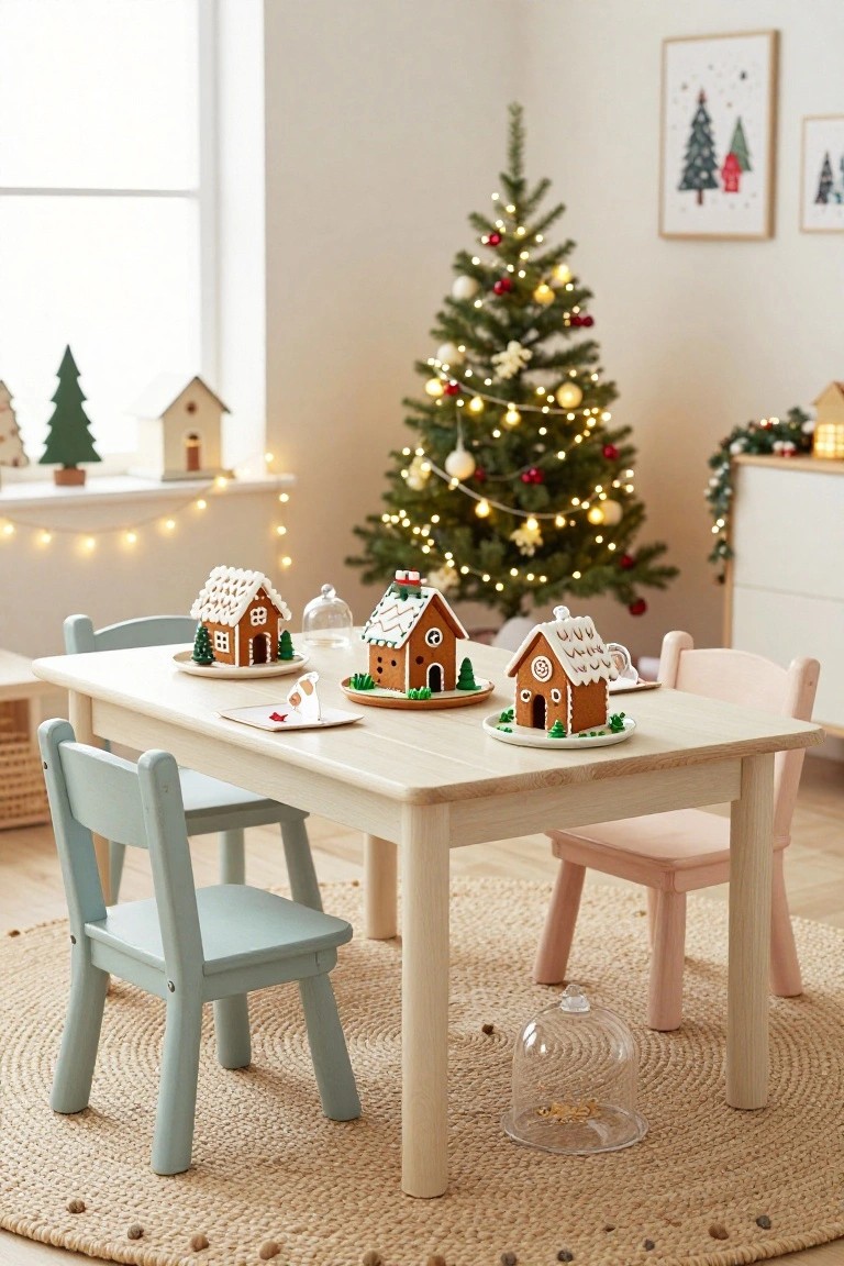 Small wooden table with turquoise, pink, and white kids' chairs in a room with a lit Christmas tree, gingerbread houses on plates, small trees, and string lights.