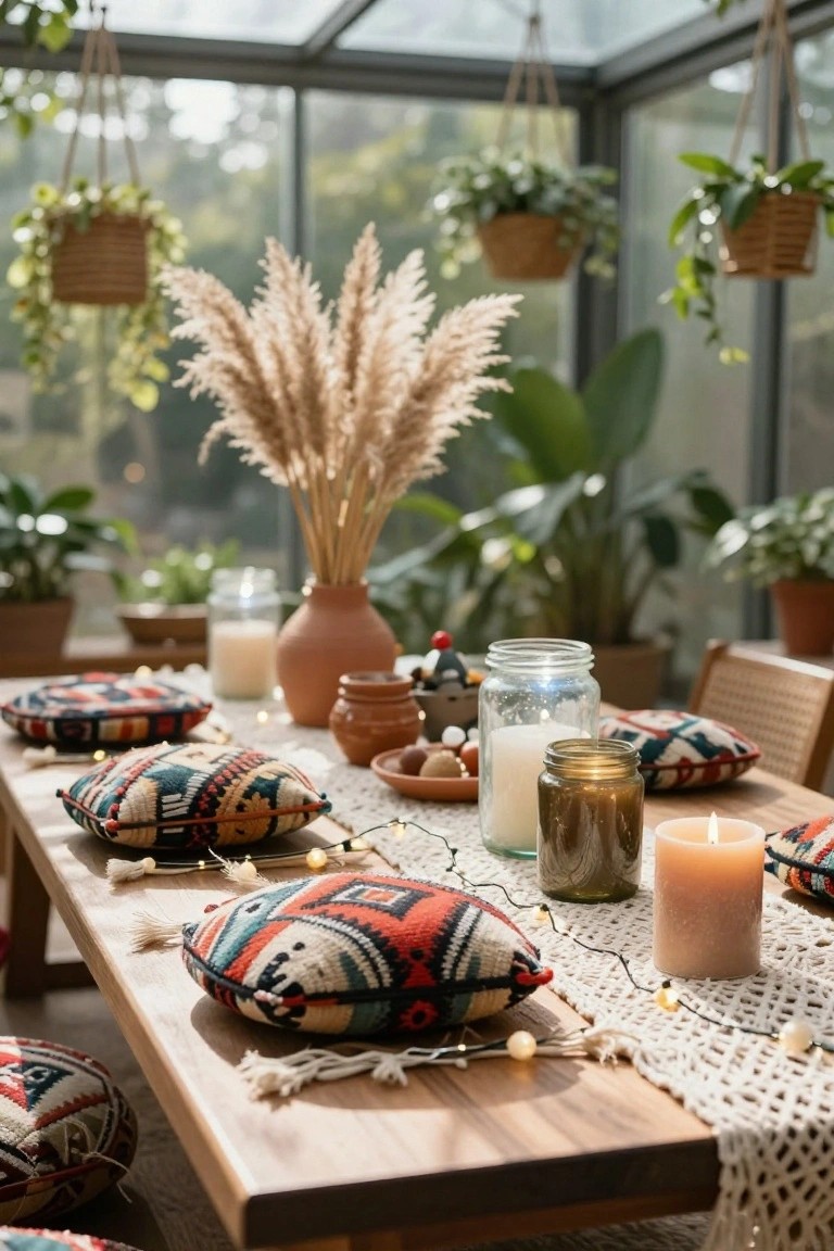 Wooden dining table in a glass sunroom conservatory set with colorful embroidered cushions, tall pampas grass in a terracotta vase, candles in jars and holders, fairy lights, macrame runner, and surrounded by hanging plants and pottery.