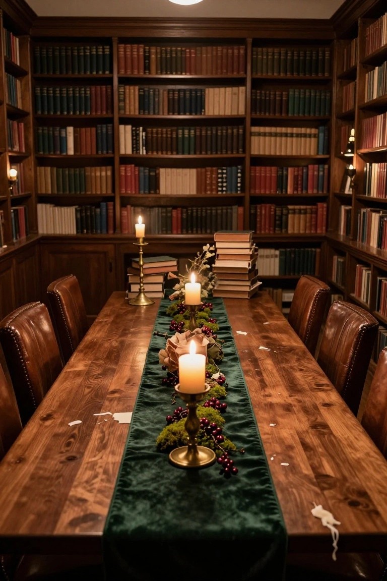 Wooden dining table in a dark wood-paneled library lined with bookshelves, covered by a green velvet runner with candles, moss, berries, and greenery, flanked by leather chairs.