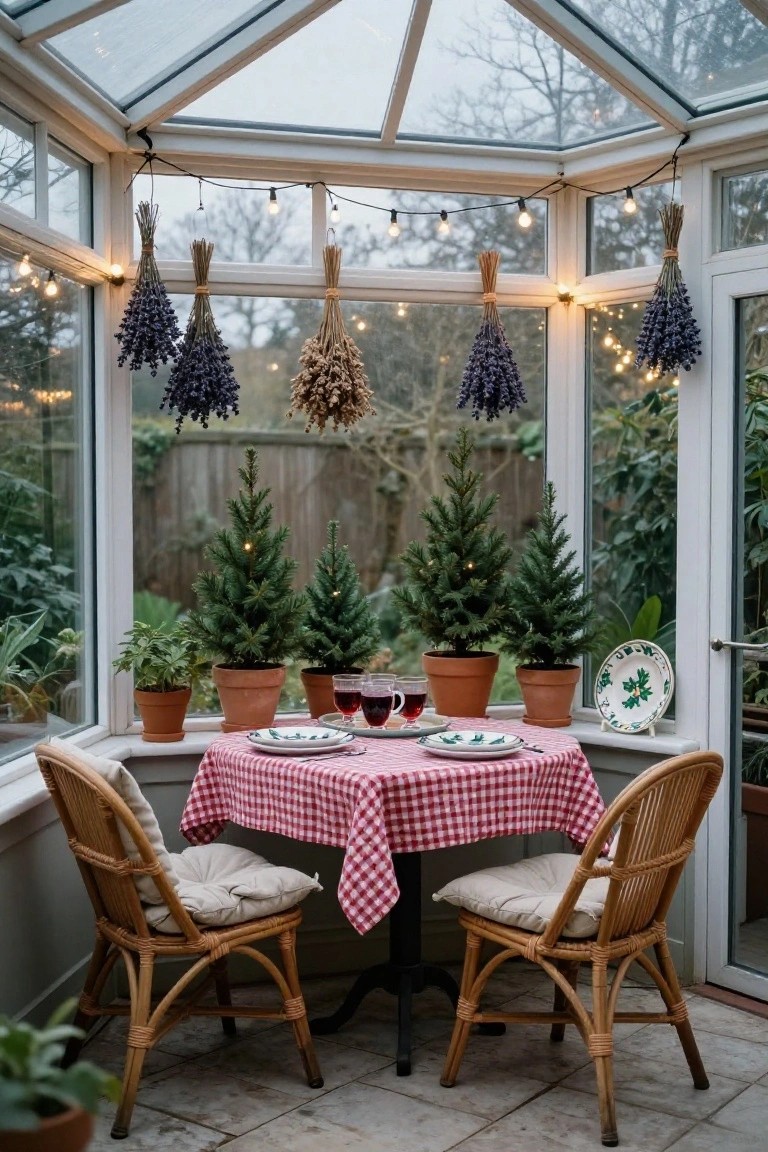 A small round table covered in red checkered cloth set for two in a glass conservatory, with white plates, wine glasses, potted mini Christmas trees nearby, lavender bundles hanging, and fairy lights strung up.