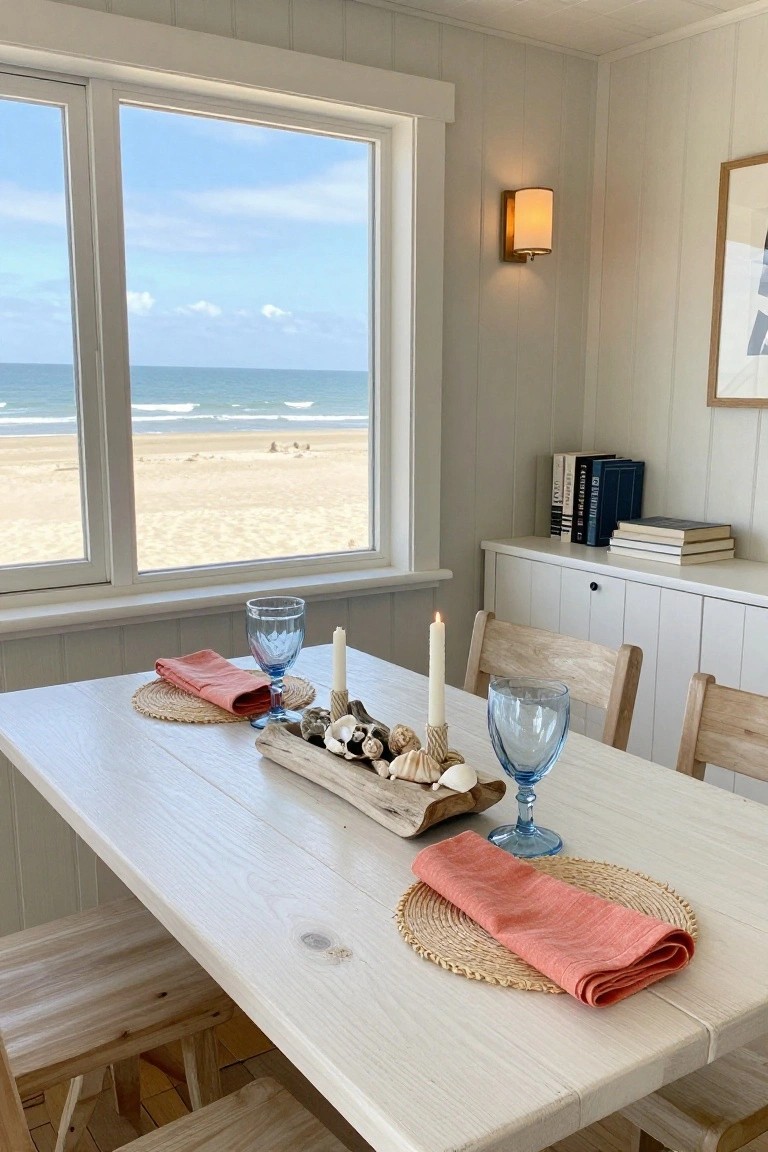 Wooden dining table in a light gray paneled room with large window overlooking beach and ocean, set with blue goblets, orange napkins on rattan placemats, driftwood box centerpiece containing shells and lit candles, wooden chairs.