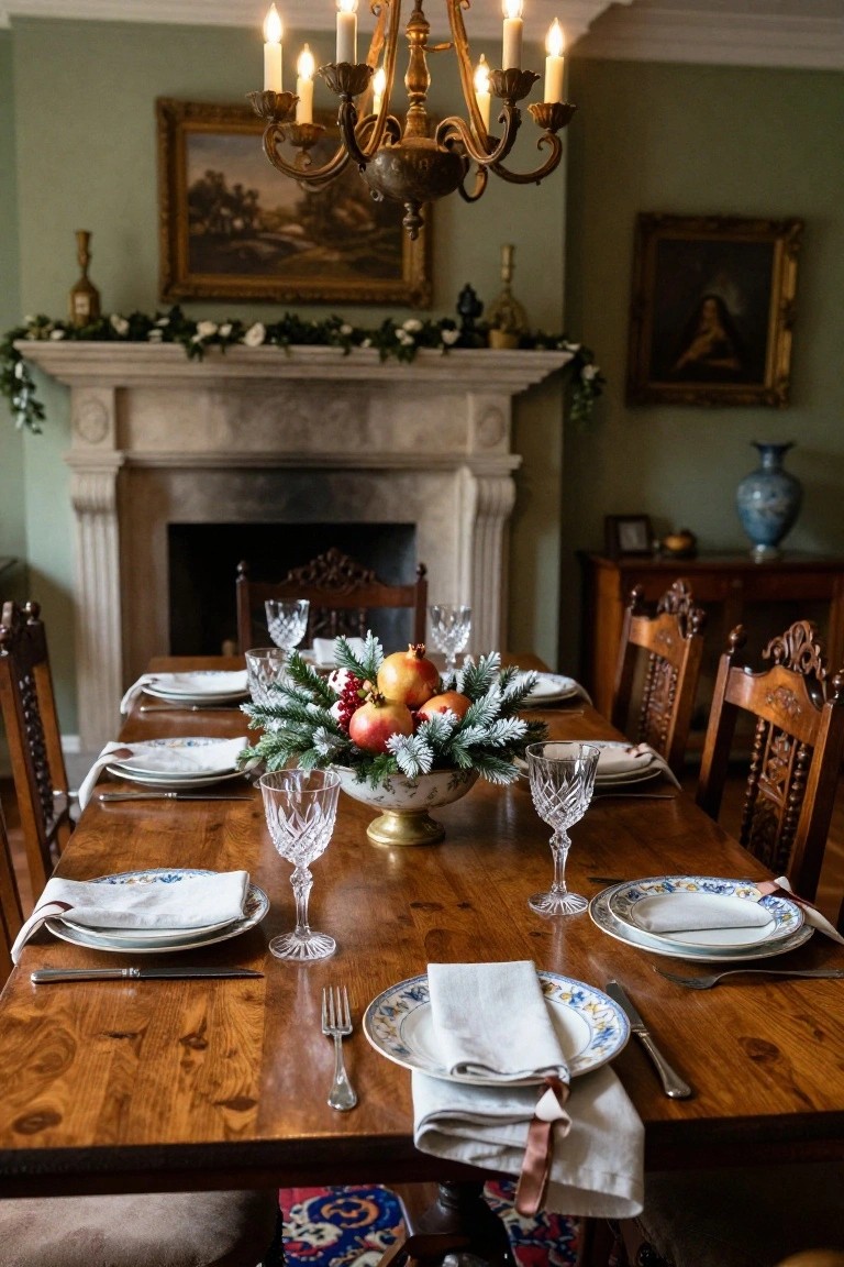 Dining room table set for Christmas with a gold bowl centerpiece of pomegranates, pine branches, red ornaments, and snowy accents, flanked by white and blue plates, crystal glasses, linen napkins, and silverware on a wooden surface, with carved chairs, chandelier above, and fireplace in background.