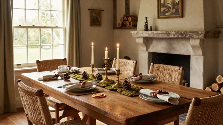 Wooden dining table set for six in a cozy room with beige walls, featuring a low moss garland centerpiece with pinecones, orange slices, and candles, white plates, linen napkins tied with burnt orange ribbons, rattan chairs, firewood stack, and fireplace.