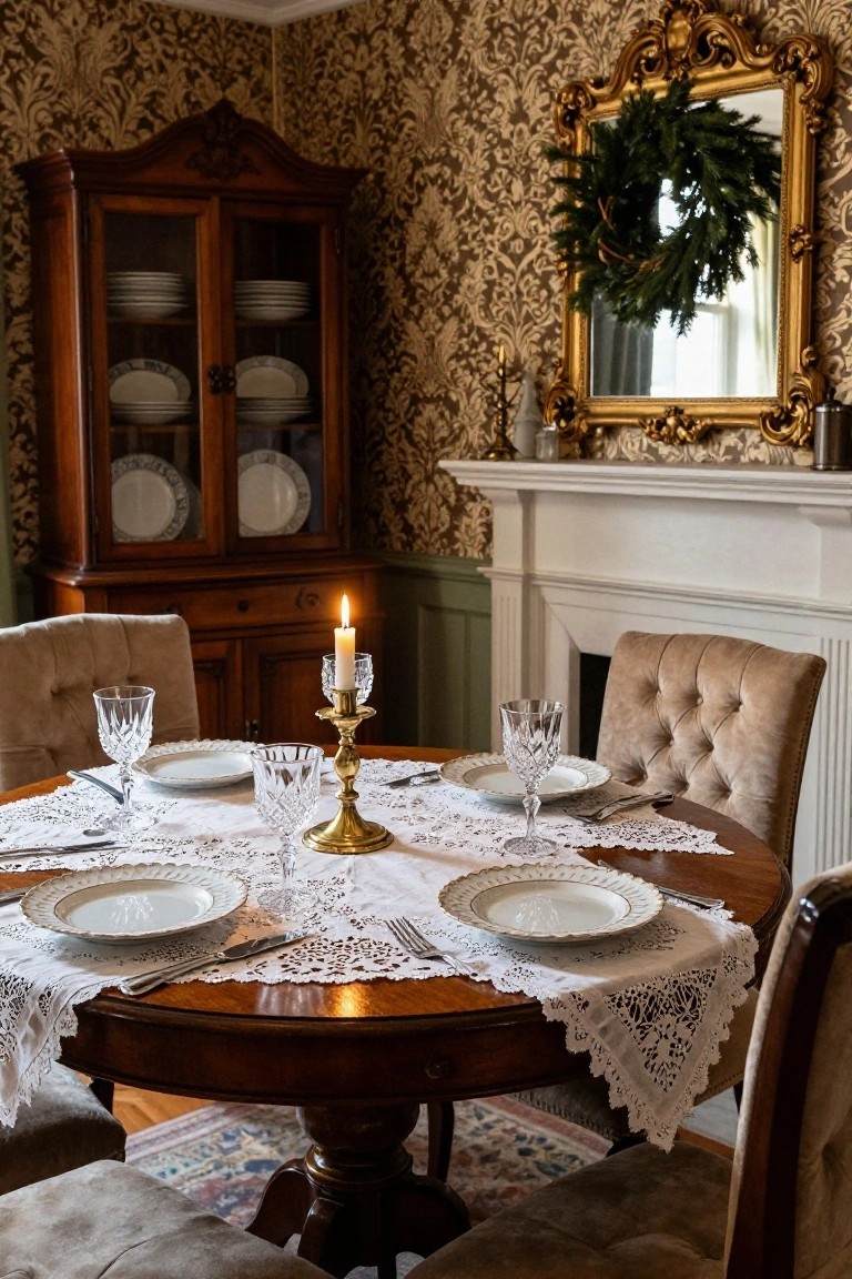Round wooden dining table covered in white lace cloth, set with white plates, crystal glasses, silverware, and central brass candelabra with lit candle, surrounded by upholstered chairs in a room with ornate wallpaper, wooden cabinet, and gilded mirror with wreath.