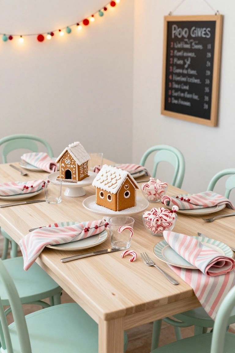 Dining table set with multiple small gingerbread houses on stands as centerpieces, surrounded by candy canes, pink and white napkins, mint green chairs, glasses, and plates, with a chalkboard menu on the wall listing items and prices.