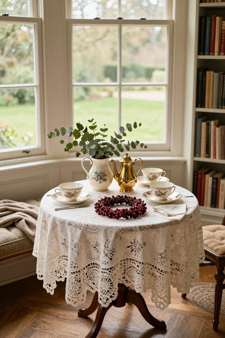 Small round wooden table draped in white lace tablecloth with red berry wreath centerpiece, floral-patterned white teacups and saucers, gold teapot, white vase of eucalyptus leaves, set in a bay window corner of a room with bookshelves and garden view.
