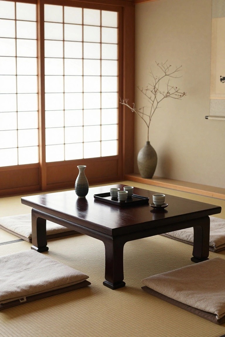 Japanese-style interior room with tatami floor, low wooden table set with gray teacups, tray, and tokkuri bottle, zabuton cushions around the table, shoji screens, tall vase with branches, and beige walls.