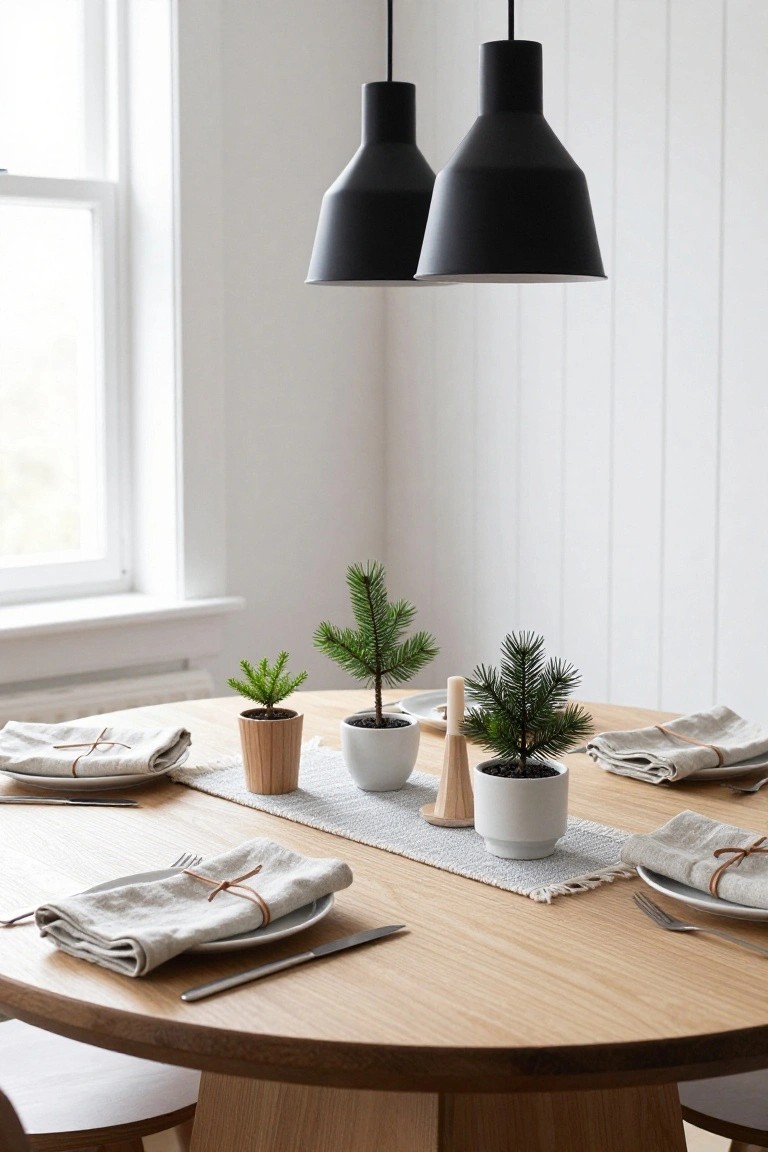 Round oak dining table set with small potted pine trees, white ceramic pots, wooden candle holders, linen napkins tied with twine, plates, and cutlery, under black pendant lights in a white-paneled room with a window.