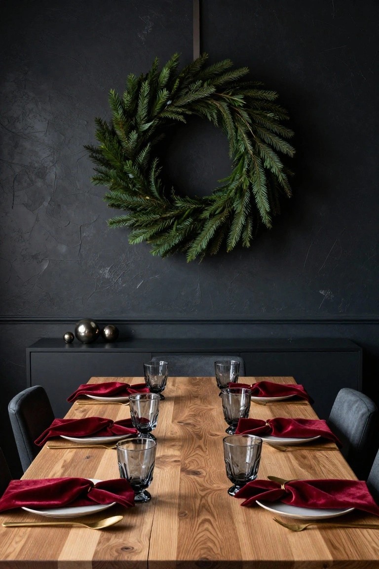 Dark textured wall with large green fir wreath hanging above a rectangular rustic pine wood dining table set for eight with red velvet napkins, white plates, gold flatware, and smoked glass tumblers, flanked by dark gray upholstered chairs and a black sideboard with metallic spheres.