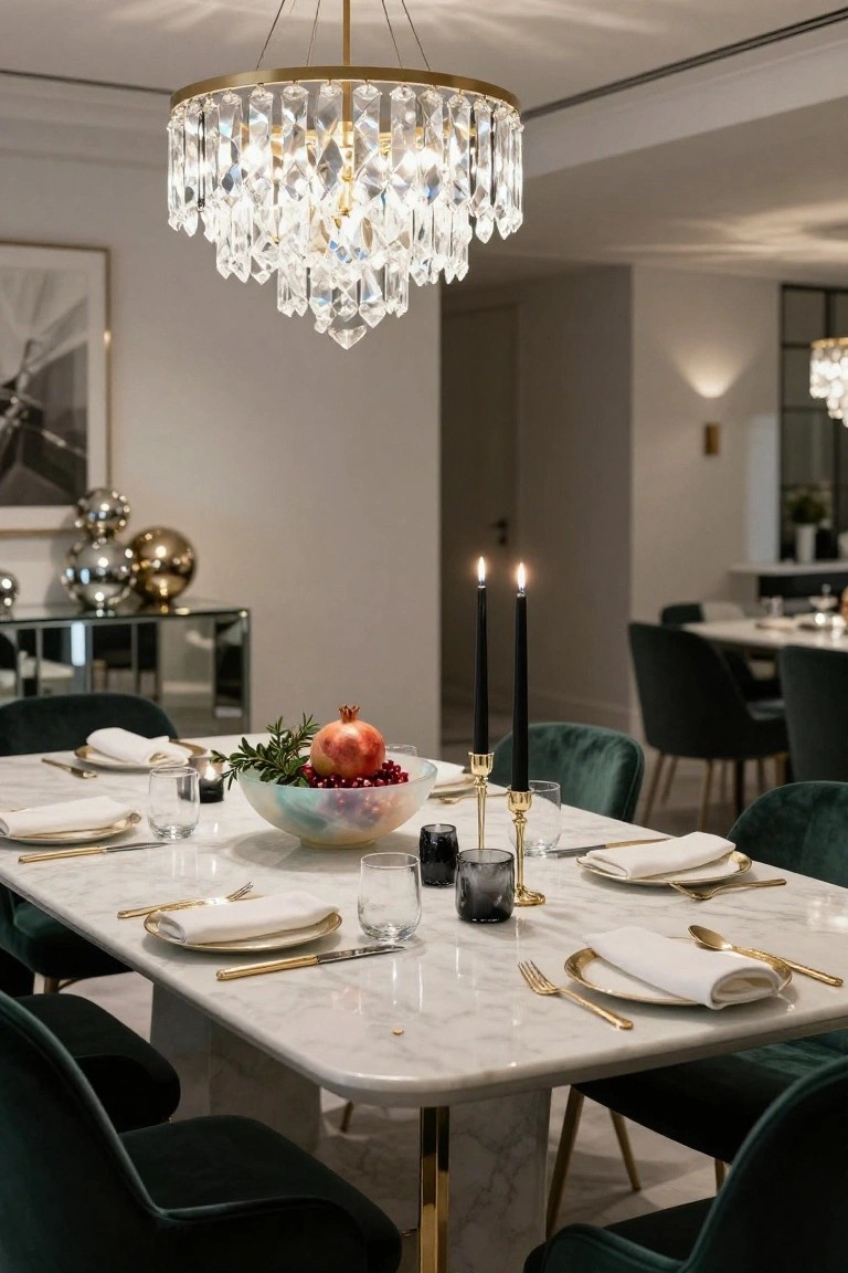 Dining table set with white marble top, green velvet chairs, iridescent bowl of pomegranate, berries, and rosemary centerpiece, black taper candles in gold holders, gold-rimmed plates, and crystal chandelier overhead in a modern interior.