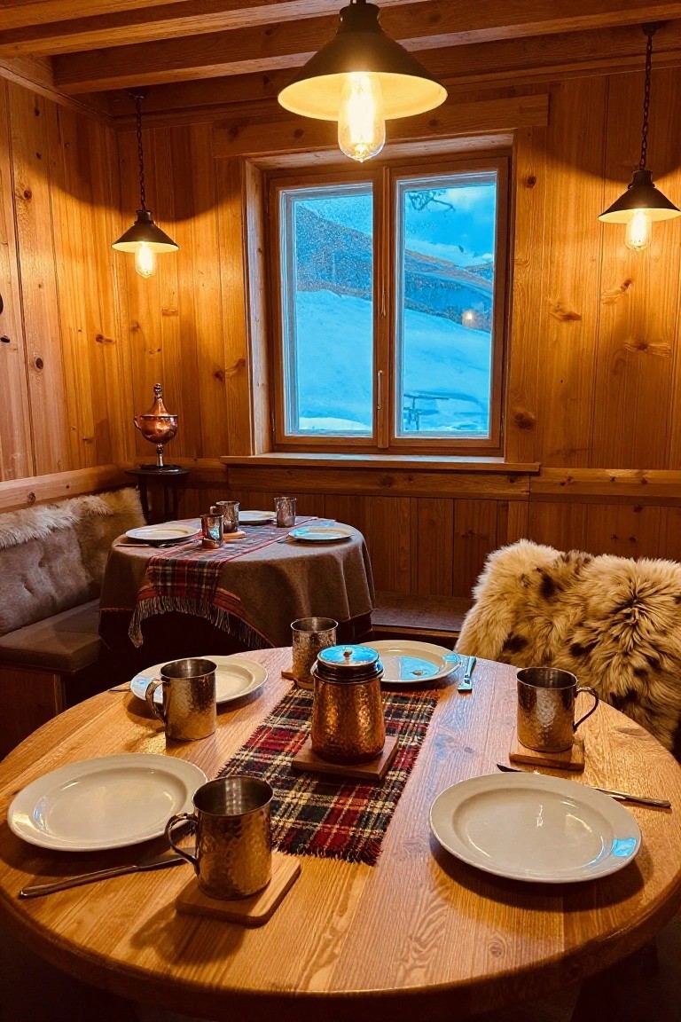 Wooden-paneled dining room with round wooden table set for two using white plates, hammered copper mugs and teapot, plaid runner, and nearby bench with fur throw, plus snowy mountain view through window.