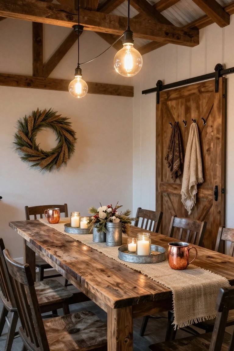 Rustic wooden dining table in a barn-style room with exposed beams, set with burlap runner, multiple candles in metal tins, greenery arrangements, copper mugs, wooden chairs, and pendant bulb lights overhead.
