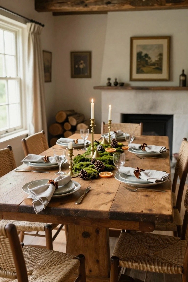 Wooden dining table set for six in a cozy room with beige walls, featuring a low moss garland centerpiece with pinecones, orange slices, and candles, white plates, linen napkins tied with burnt orange ribbons, rattan chairs, firewood stack, and fireplace.