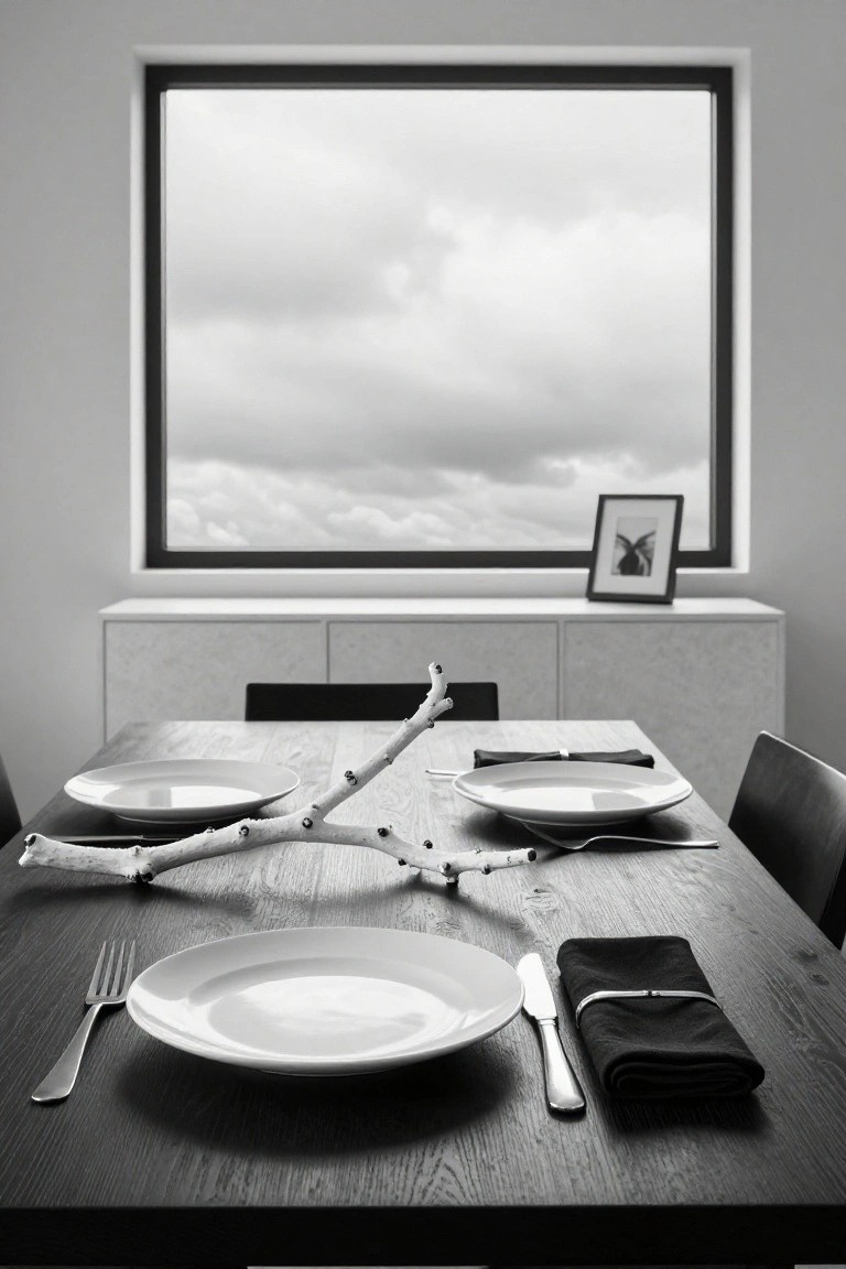 Black-and-white photo of a minimalist wooden dining table set with white plates, silverware, black napkin bundles, and several white branches arranged lengthwise across the center, next to chairs, a credenza, and a large window with cloudy sky.