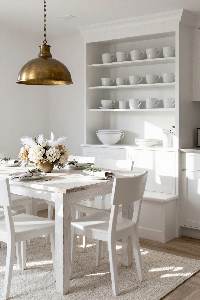 White wooden dining table with four white chairs, set with white plates, linen napkins tied with greenery, and a beige terracotta pot holding white flowers, feathers, and branches as centerpiece, under brass pendant light in white open shelving kitchen.