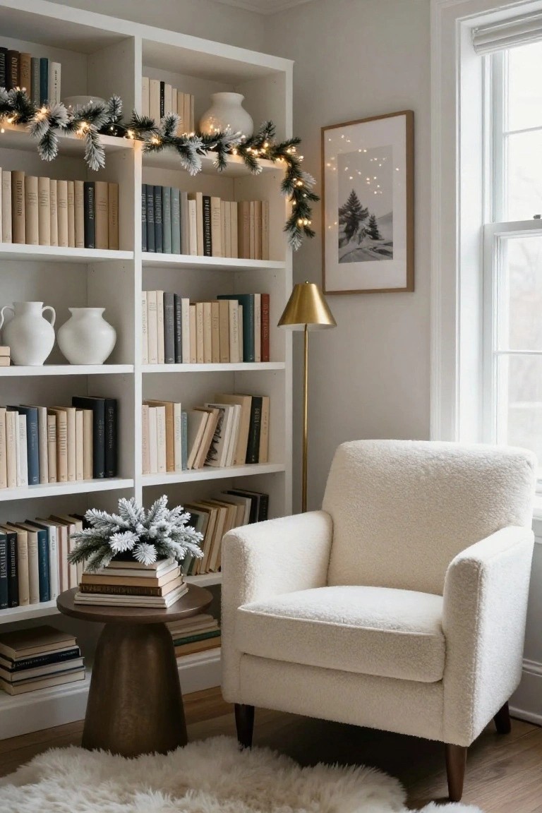 Tall white bookshelves filled with books and white vases, topped with snowy pine garlands strung with fairy lights, next to a cream chenille armchair, brass floor lamp, wood side table with stacked books, and white shag rug in a light gray room.
