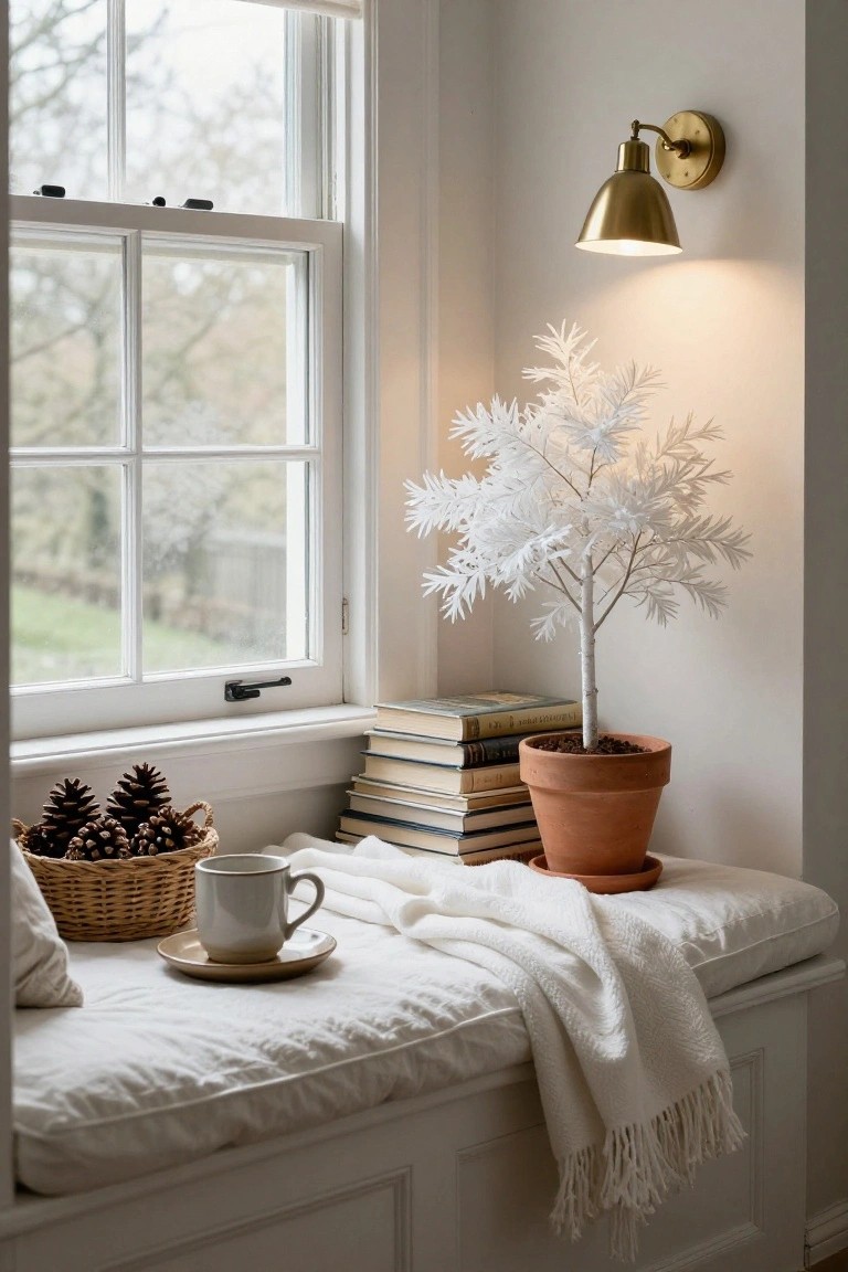 White built-in window seat cushion topped with white throw blanket, saucer and mug of tea, stack of books, basket of pinecones, potted white tree, and gold sconce wall light next to multi-pane window.