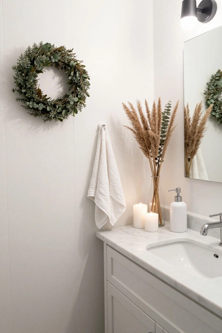 White minimalist bathroom corner with eucalyptus wreath on wall, pampas grass in glass vase, white candles on marble vanity, hanging white towel, mirror, and wall-mounted light.