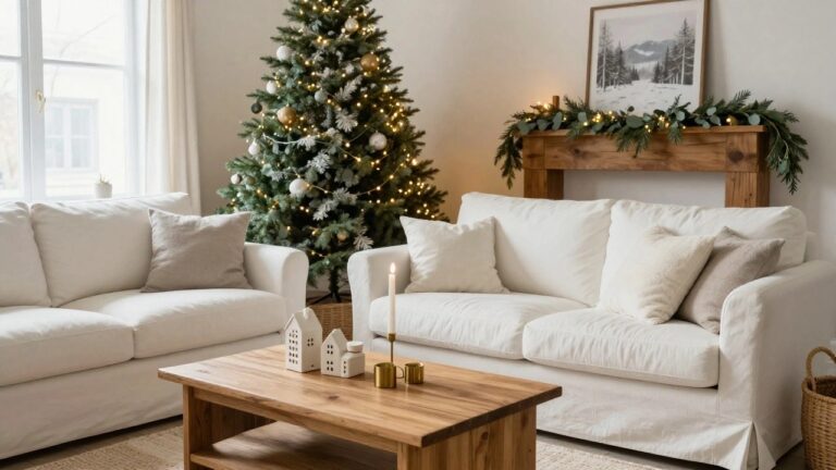 Living room corner featuring a tall flocked white artificial Christmas tree with white ornaments and warm string lights, beside a wooden fireplace mantel with evergreen garland and eucalyptus, a beige sofa, wooden coffee table with white ceramic houses and candles, and neutral decor.
