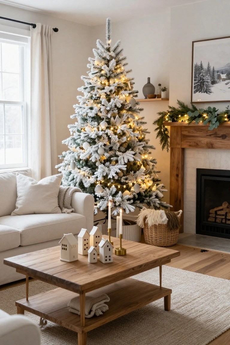 Living room corner featuring a tall flocked white artificial Christmas tree with white ornaments and warm string lights, beside a wooden fireplace mantel with evergreen garland and eucalyptus, a beige sofa, wooden coffee table with white ceramic houses and candles, and neutral decor.