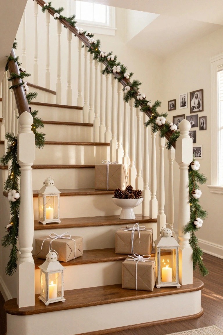 Wooden staircase with white railing wrapped in evergreen garland with cotton bolls and string lights, white lanterns with candles on steps, wrapped brown gift boxes, and a pinecone bowl in white bowl.