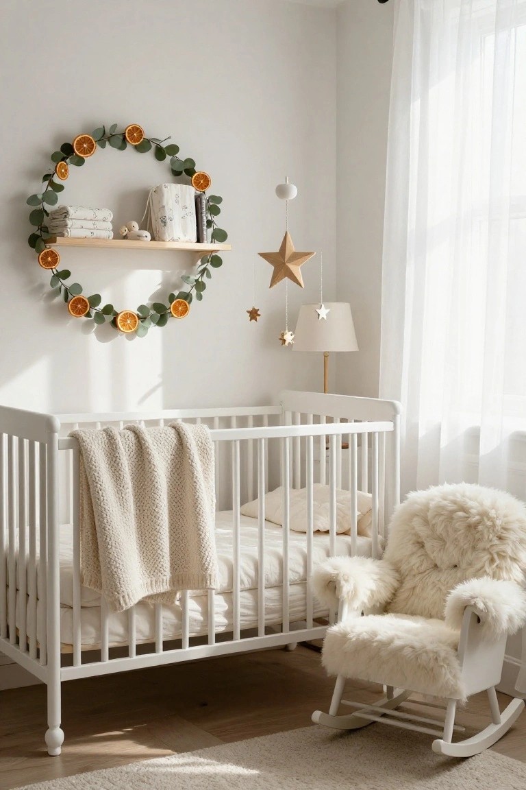 White nursery room with a crib covered by a knit blanket, fluffy white rocking chair, wall shelf holding folded towels and books with a surrounding garland of dried orange slices and eucalyptus, hanging wooden stars, and a bedside lamp.