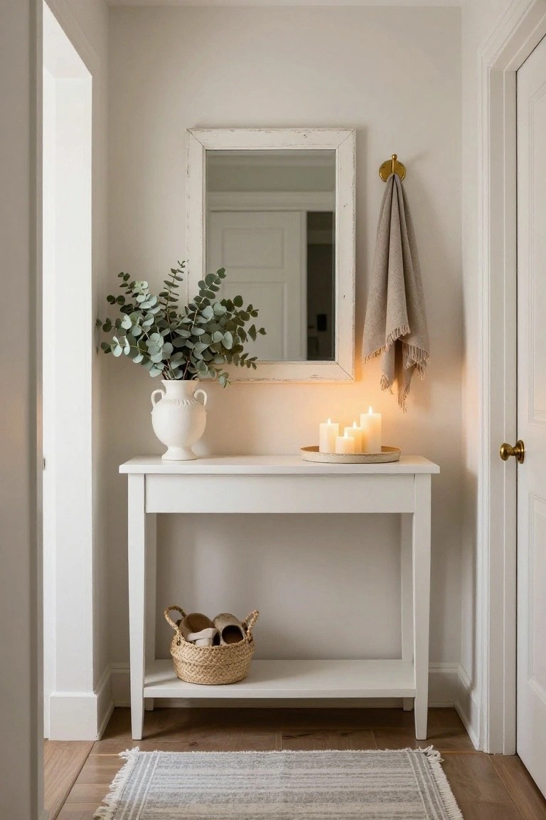 White console table in a pale hallway holds a tray of lit white pillar candles, a white vase of eucalyptus branches, and a seagrass basket with tan shoes on the lower shelf; white-framed mirror and beige towel on gold hook nearby, gray rug on wood floor.