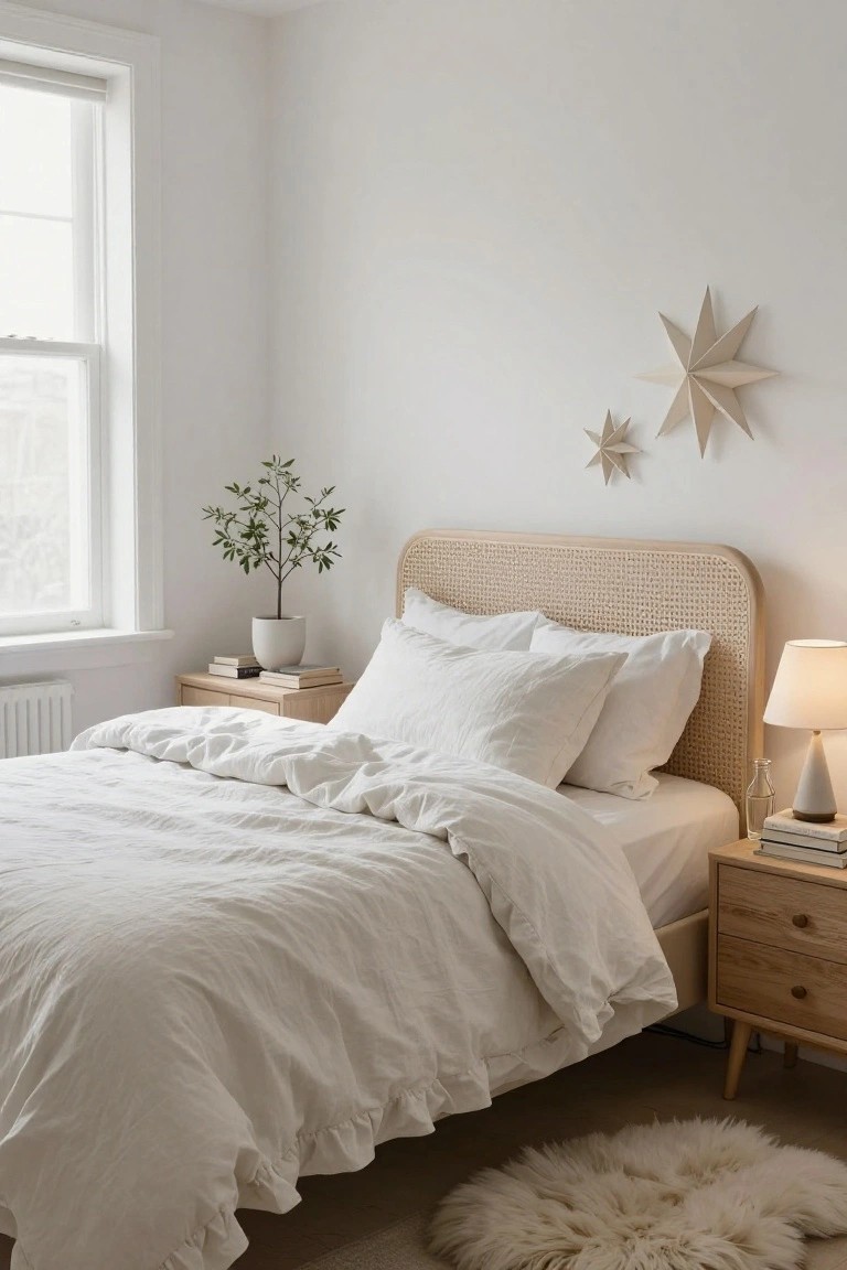 White bedroom with rattan headboard bed dressed in white linens, bedside tables holding books lamp and plant, two white paper star decorations on wall above bed, sheepskin rug on floor.