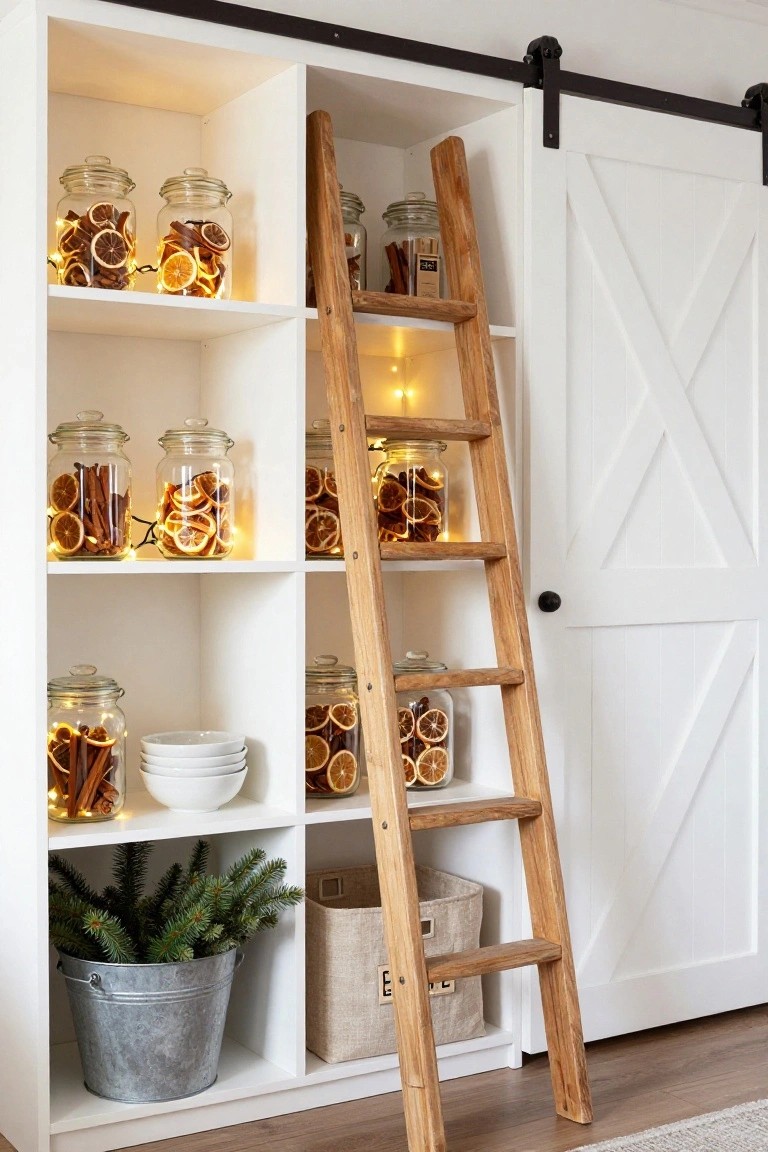 White open shelving unit filled with glass jars containing dried orange slices, cinnamon sticks, and fairy lights, alongside a leaning wooden ladder shelf, barn-style doors, stacked white plates, a basket, and a metal bucket holding evergreen branches.