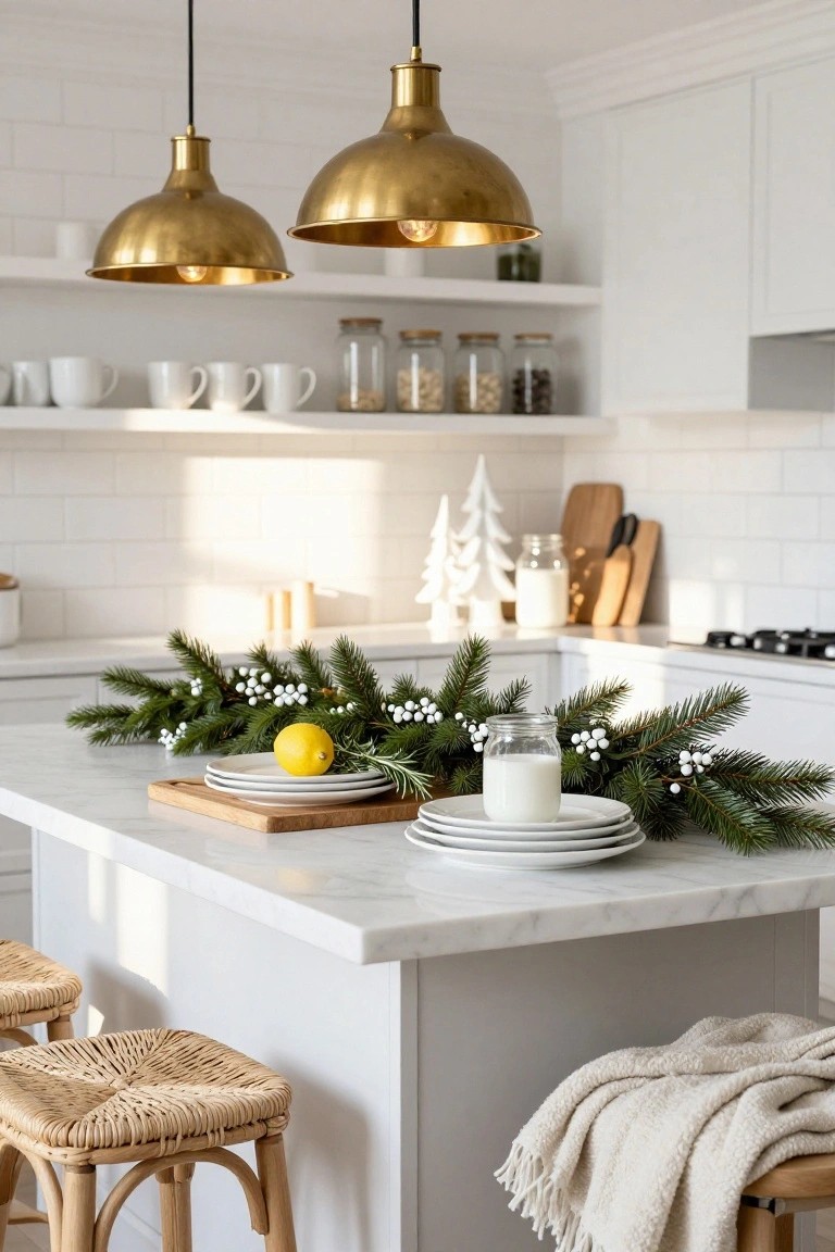 White modern kitchen island with marble top holding an evergreen garland runner with white berries, a yellow lemon, glass jar of milk, stacked white plates on a wooden board, flanked by rattan stools, brass pendant lights overhead, and holiday decor on open shelves.