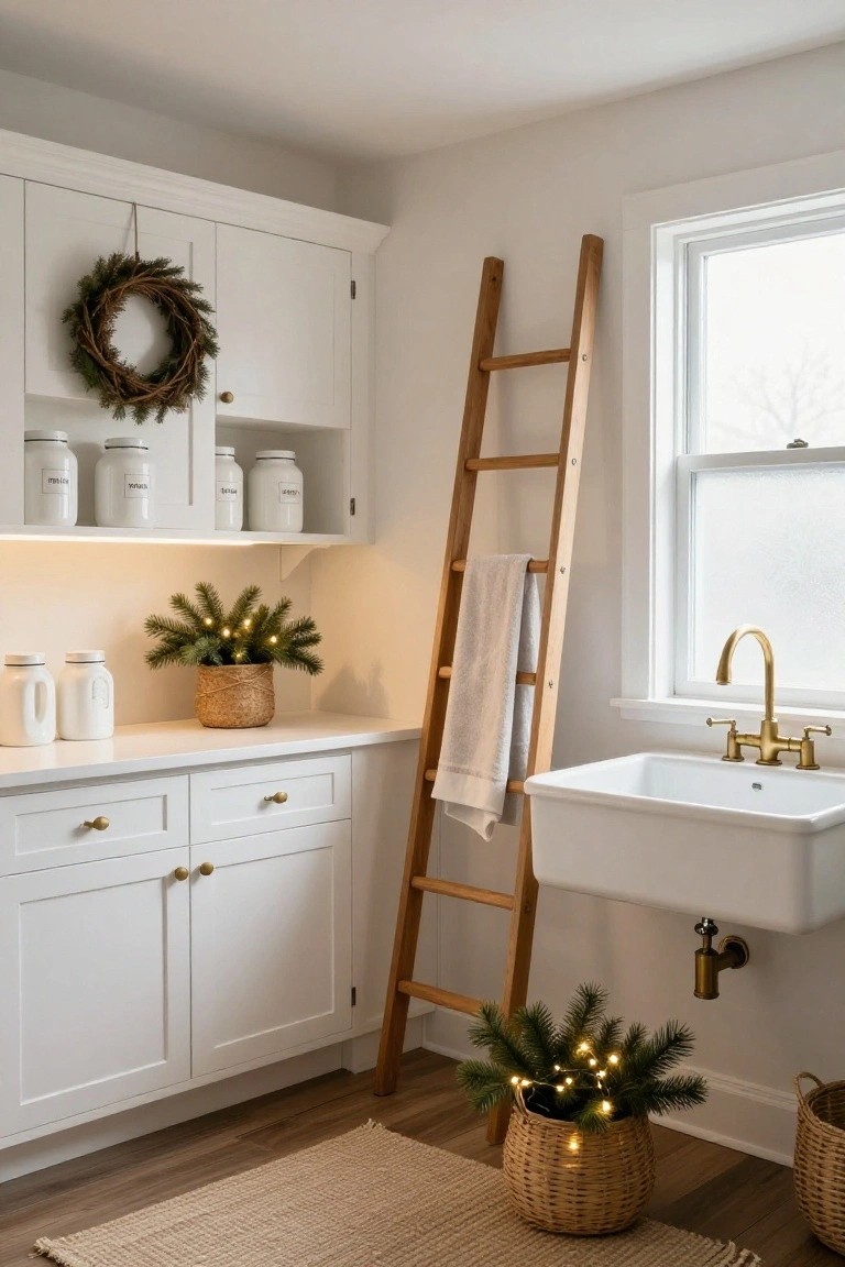 White kitchen corner featuring a leaning wooden ladder with a draped towel next to a white farmhouse sink, white cabinets, open shelves with jars, and small Christmas greenery plants in woven baskets.