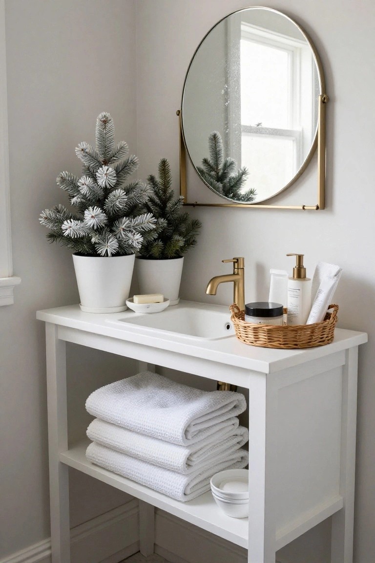 White bathroom vanity with gold faucet and round gold mirror above, flanked by two small flocked Christmas trees in white pots, soap dispenser and basket of products on the counter, and stacked white towels on the open shelf below.