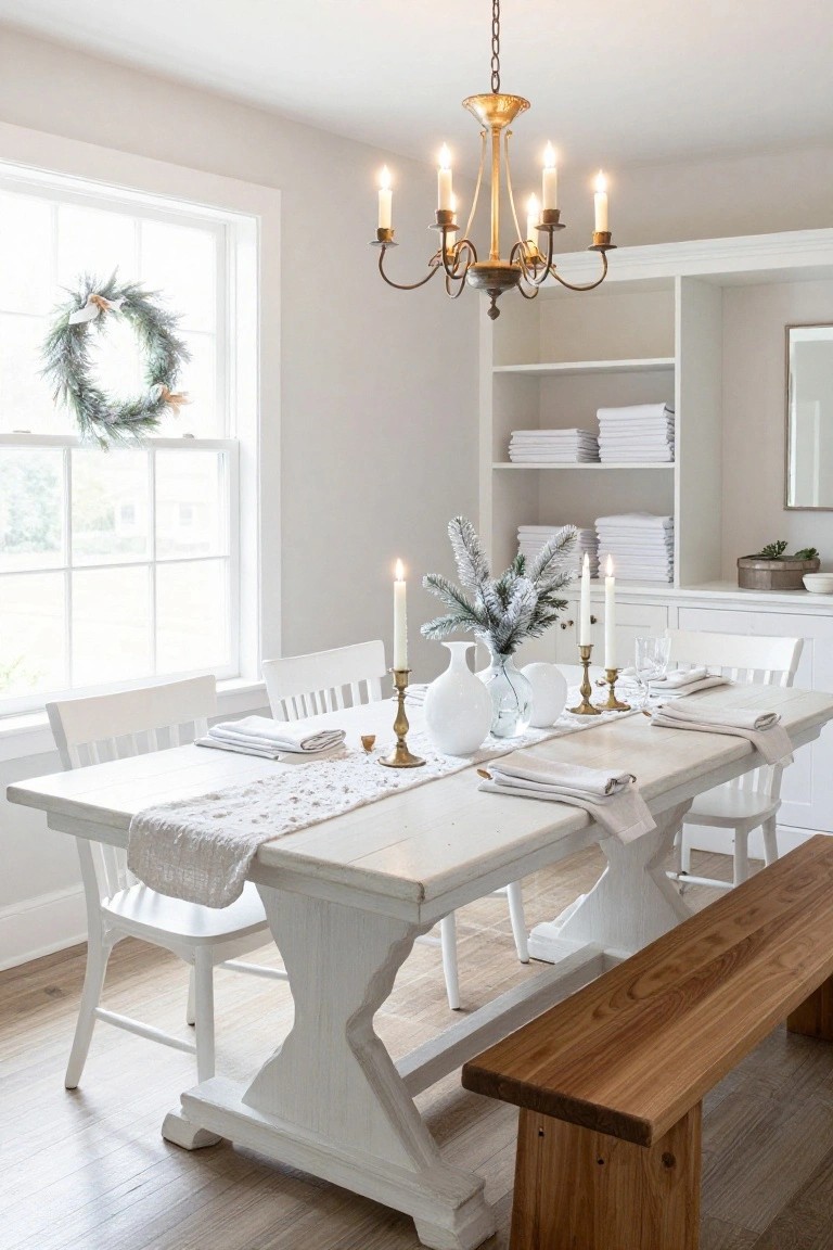 White farmhouse-style trestle dining table in a light gray room, set with white linens, candles, frosted blue spruce in glass vases, brass candlesticks, wooden bench, white chairs, brass chandelier overhead, evergreen wreath on window, and white cabinetry nearby.