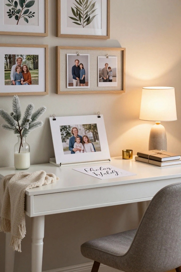 White wooden desk topped with a clip photo frame, handwritten Happy Holidays paper, books, gold cup, white candle in glass jar, and frosted pine branch in glass vase, beside a beige lamp and gray chair in a light room with leaf prints and family photos on walls.