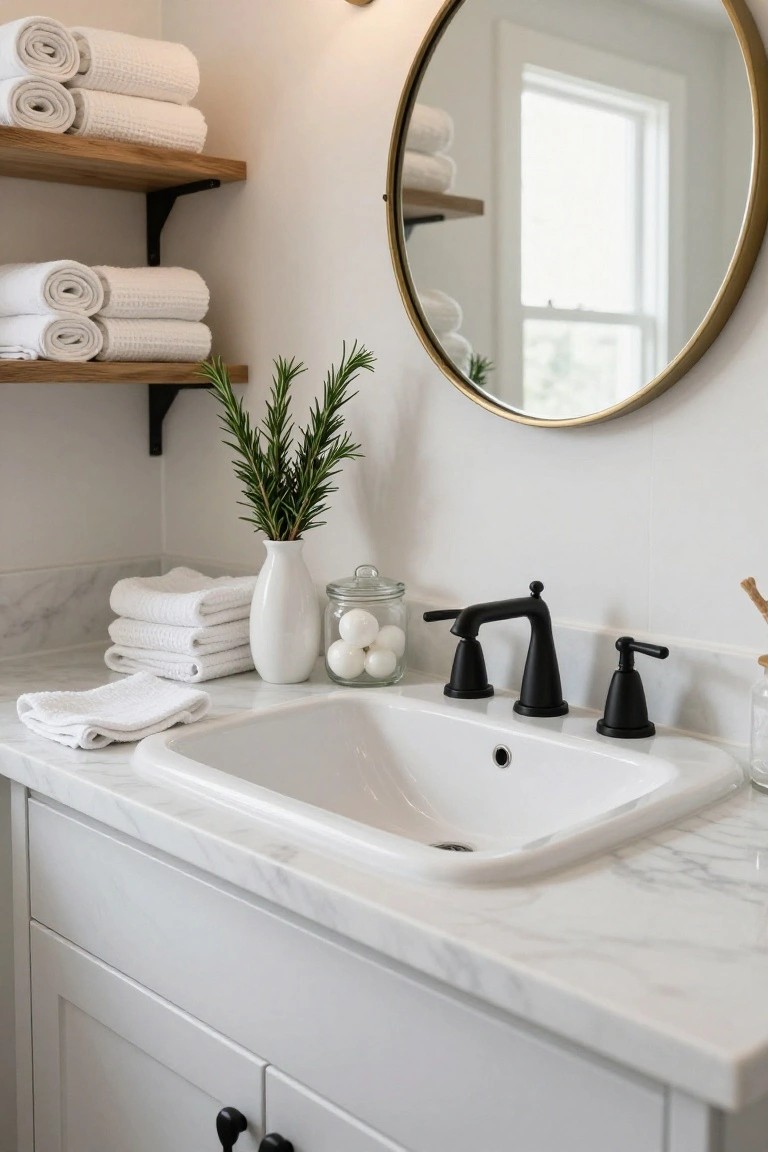 White bathroom with marble countertop, white undermount sink, black matte bridge faucet, stacked rolled white towels on wooden floating shelves, white vase of rosemary, glass jar of white bath bombs, and round gold mirror.