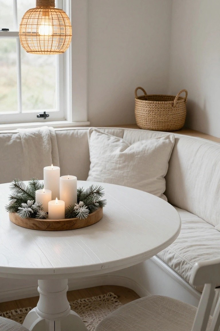 White round table with candles and greenery beside a cushioned corner bench.