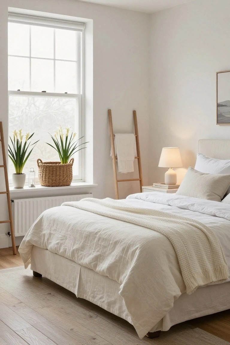 White bedroom with linen-covered bed topped by knit throw and pillows, wooden ladder holding white towels, two potted white-flowering plants in wicker basket on windowsill above radiator, bedside table with lamp and books.