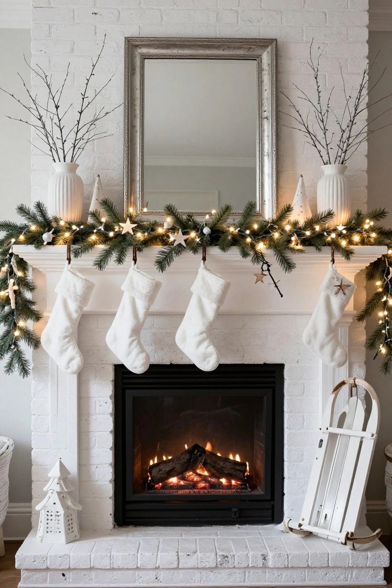 White brick fireplace mantel decorated with evergreen garland and white fairy lights, four white knit stockings hanging from it, white vases with bare branches flanking a large mirror, small white Christmas trees and a white sleigh nearby.