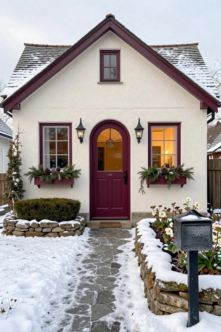 Small white stucco cottage exterior in snow with burgundy arched front door, matching window frames, evergreen garland-filled window boxes, wall lanterns, stone pathway, boxwood shrubs, and low stone walls.